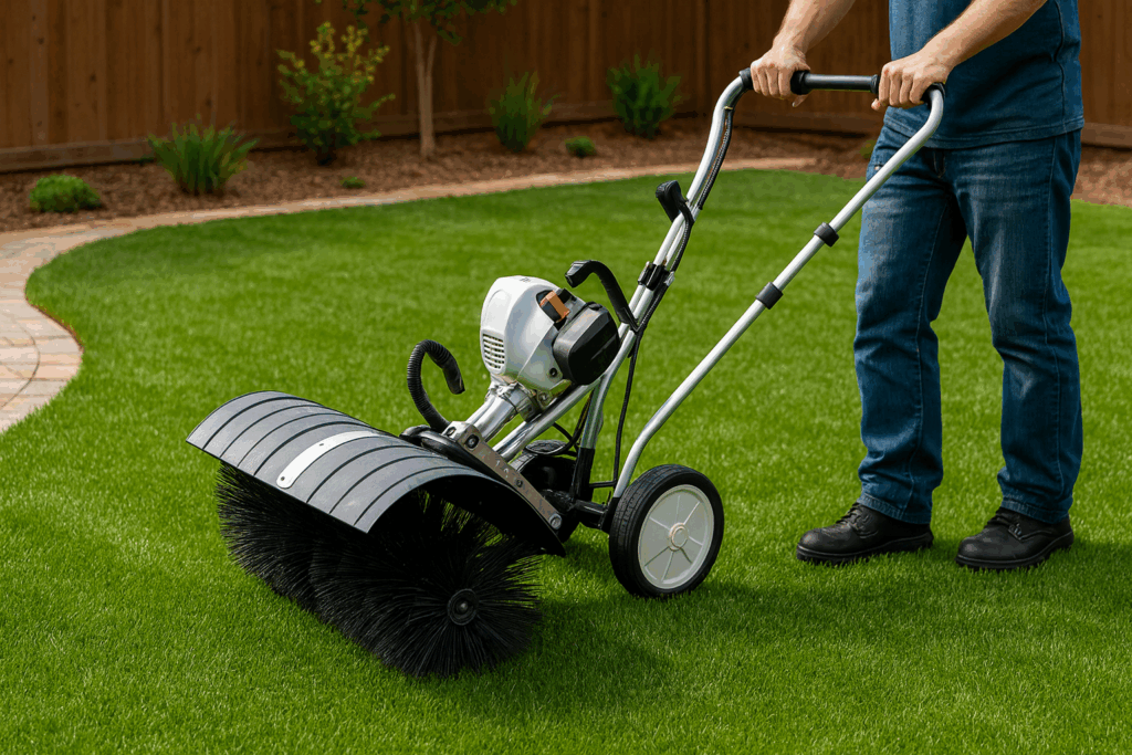 Technician brushing artificial turf with specialized grooming equipment during professional turf maintenance in Austin, TX.