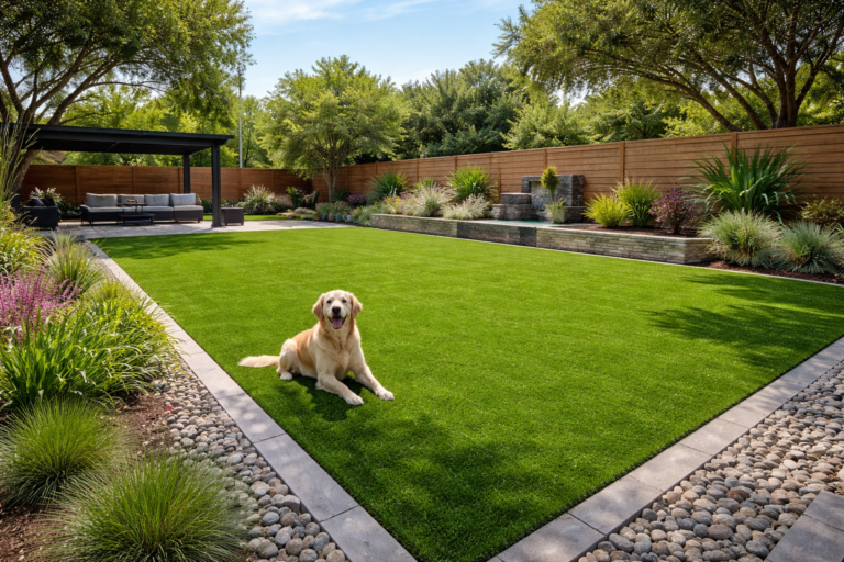 Pet-friendly residential turf in an Austin home backyard with efficient drainage and mud-free surface.
