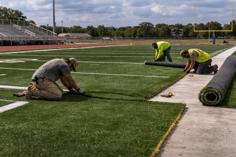 Sports turf installation on a football field with workers installing artificial athletic turf.