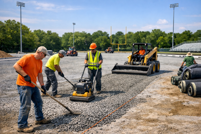 Sports turf installation crew preparing athletic field base before installing artificial turf system.