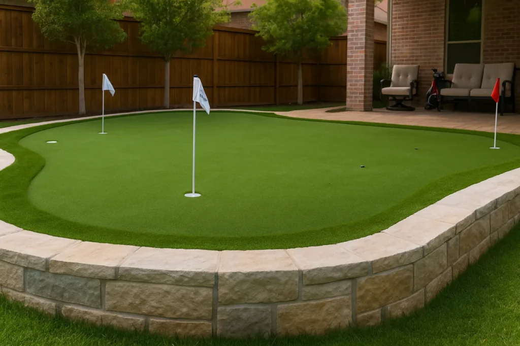 Backyard golf putting green installation with artificial turf in Austin, TX.