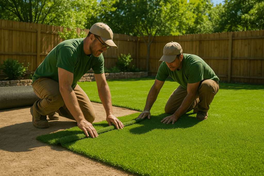 Artificial grass installers placing synthetic turf in a sunny Austin backyard.