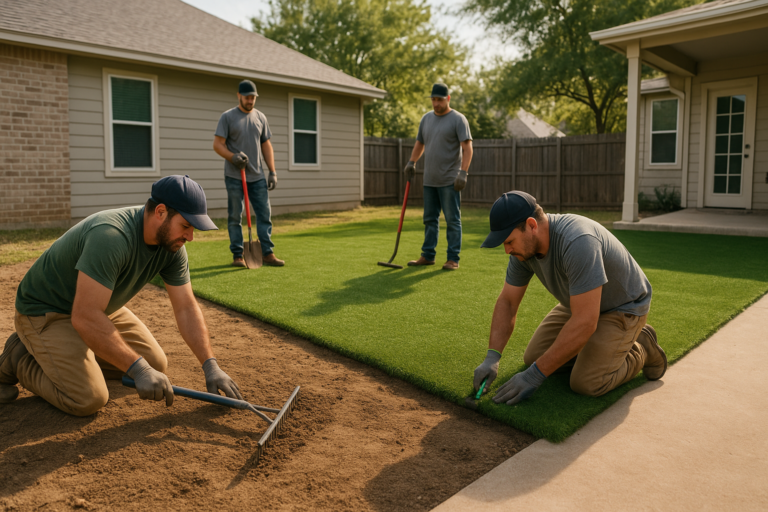 Synthetic turf installation team preparing a residential lawn in Austin, TX.