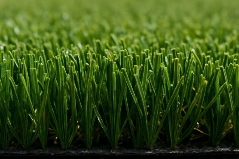 Close-up view of durable synthetic turf fibers designed for heavy foot traffic.