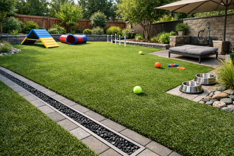Pet-friendly artificial turf yard designed for dogs with proper drainage and a clean play surface.