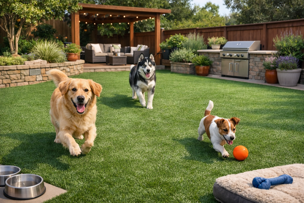 Artificial turf backyard with dogs playing on a clean, low-maintenance, pet-friendly surface.