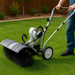 Technician brushing artificial turf with specialized grooming equipment during professional turf maintenance in Austin, TX.