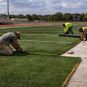 Sports turf installation on a football field with workers installing artificial athletic turf.