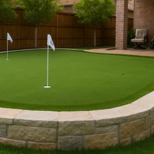 Backyard golf putting green installation with artificial turf in Austin, TX.
