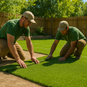 Artificial grass installers placing synthetic turf in a sunny Austin backyard.