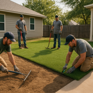 Synthetic turf installation team preparing a residential lawn in Austin, TX.