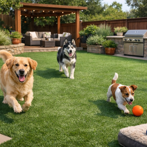 Artificial turf backyard with dogs playing on a clean, low-maintenance, pet-friendly surface.