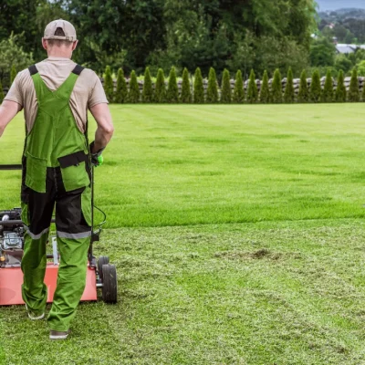 A gardener mowing the lawn for maintenance.