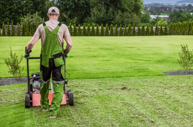 A gardener mowing the lawn for maintenance.