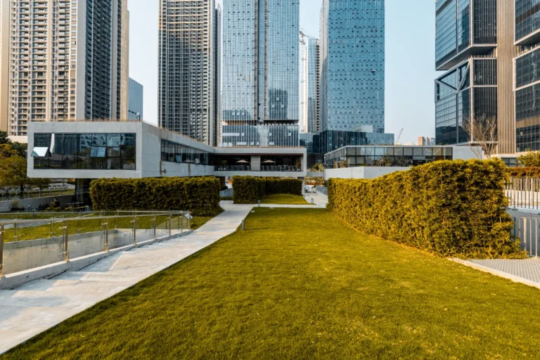 An office building establishment with a natural turf grass on entrance.
